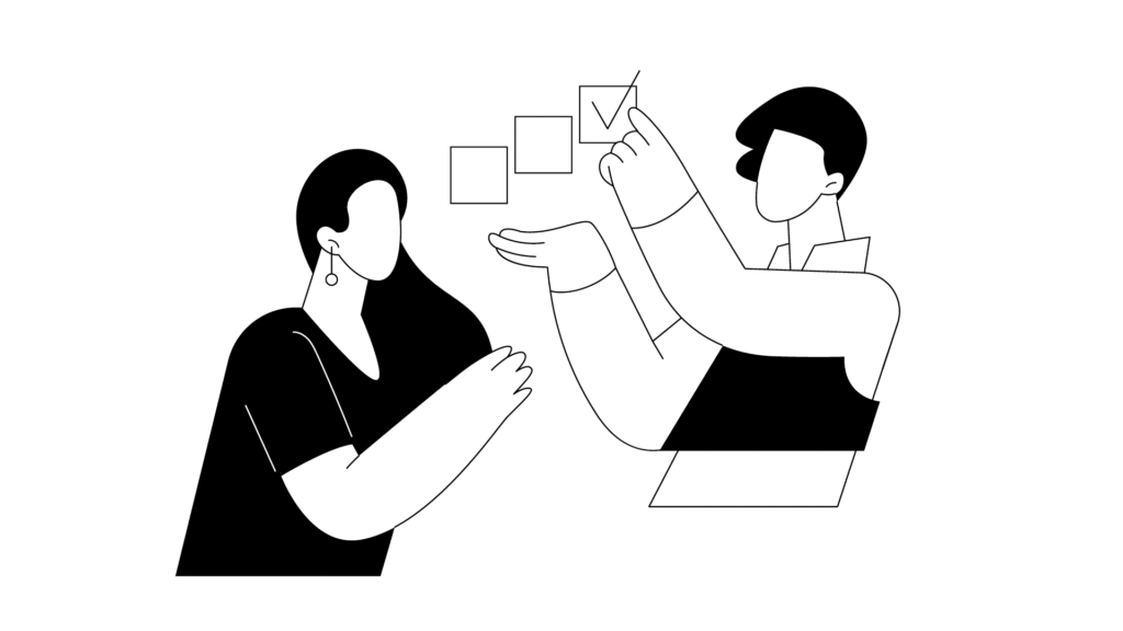 Kaksi piirroshahmoa keskustelee eri vaihtoehdoista.