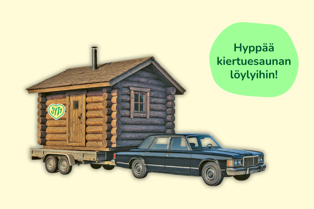 Tekoälyn tekemä kuva, jossa henkilöauto vetää saunamökkiä perävaunossa.